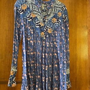 Free People Deep Blue Blouse with Floral Detail